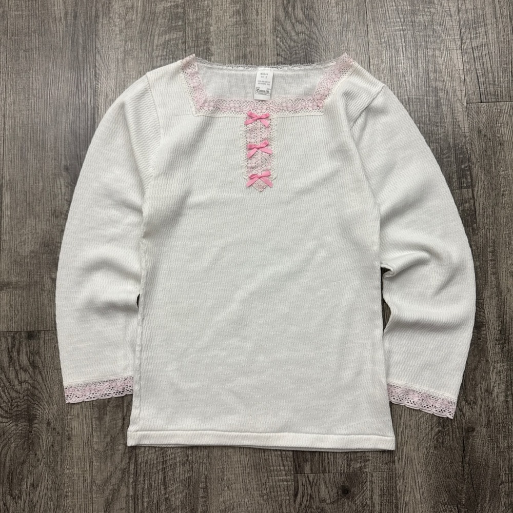 Vintage Camelot Coquette Pink Ribbon Bow Lace Long Sleeve Top